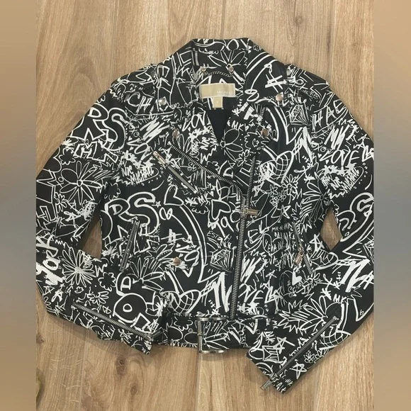 Michael Kors Graffiti Leather Black and White  Leather Moto Jacket SZ Small - Picture 4 of 10